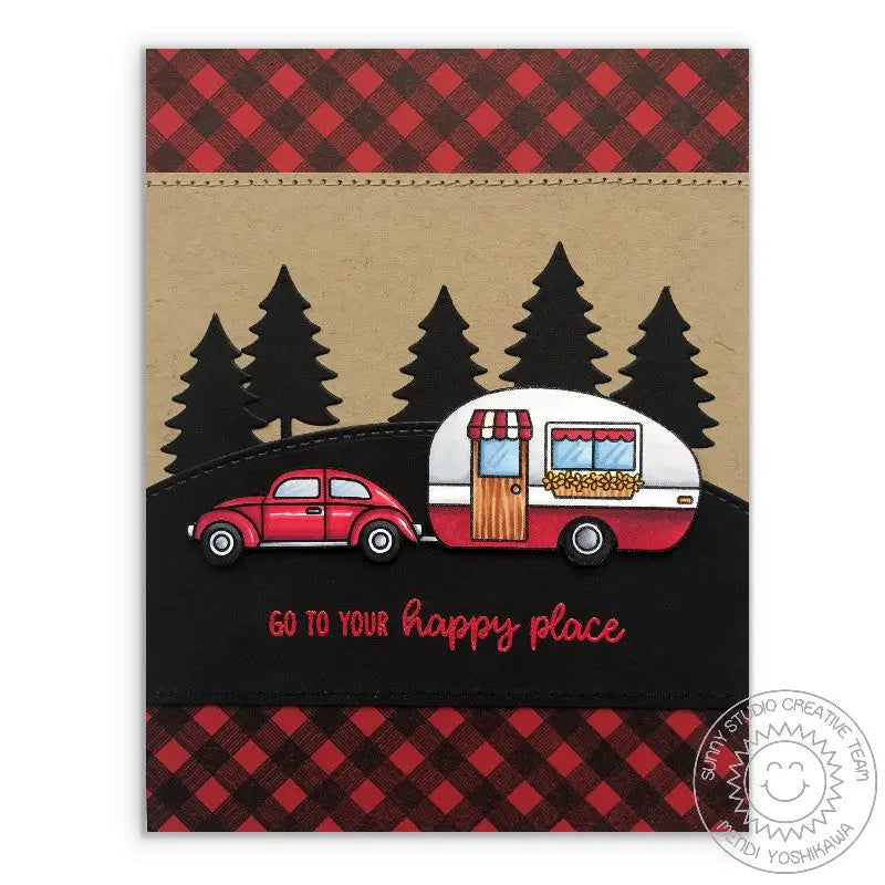 Sunny Studio Stamps Happy Camper Red Buffalo Plaid Retro Camping Trailer Retirement Card