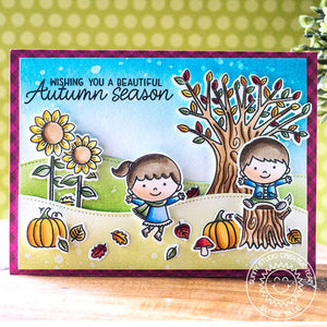 Sunny Studio Stamps Fall Kiddos Card (using Gingham Jewel Tones Burgundy 6x6 Paper)