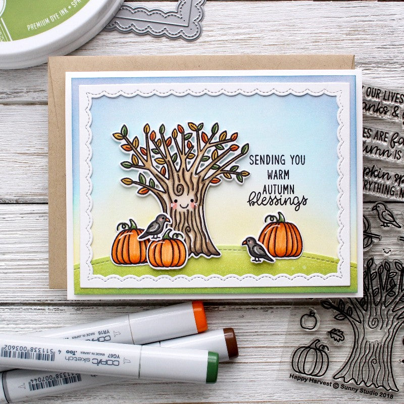 Sunny Studio Happy Harvest Fall Tree with Pumpkins Scene Card