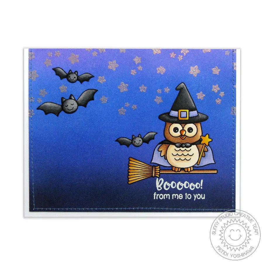 Sunny Studio Stamps Happy Owl-o-ween Witch on Broomstick Halloween Card