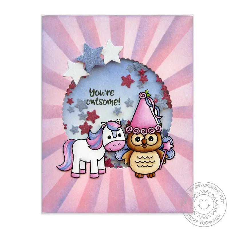 Sunny Studio Stamps Barnyard Buddies Pink Pony & Princess Owl with Glitter Star Confetti Shaker Card