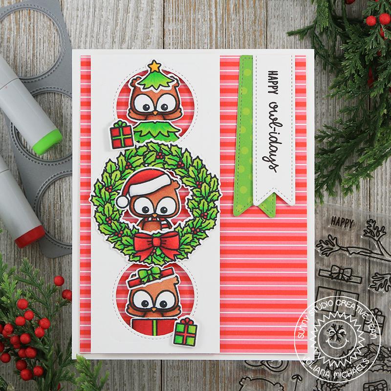 Sunny Studio Stamps Happy Owlidays Owl Window Trio Holiday Card by Juliana Michaels