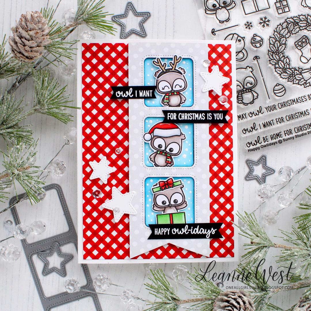 Sunny Studio Stamps Pennant Banner Owl Christmas Card with Peek-a-boo windows using Window Trio Square Dies