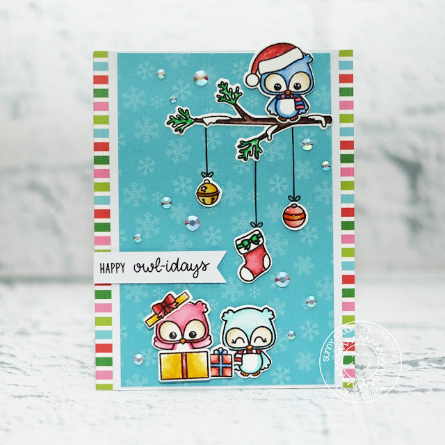 Sunny Studio Stamps Happy Owlidays Owl on Tree Branch with Ornaments Christmas Card by Lexa Levana