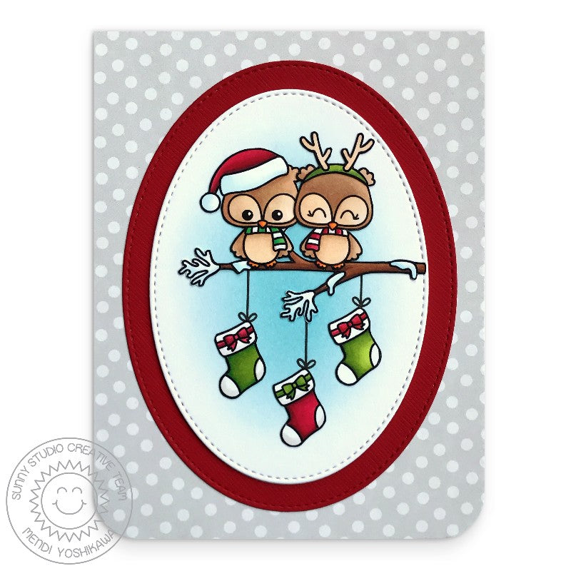 Sunny Studio Stamps Owl Christmas Card with Oval Frame (using Stitched Ovals Nesting Dies)
