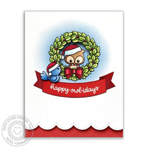 Sunny Studio Stamp Happy Owlidays Owl in Holly Wreath Holiday Christmas Card