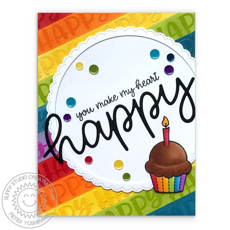 Sunny Studio Stamps Rainbow Striped Cupcake Birthday Card using Large Happy Word Die