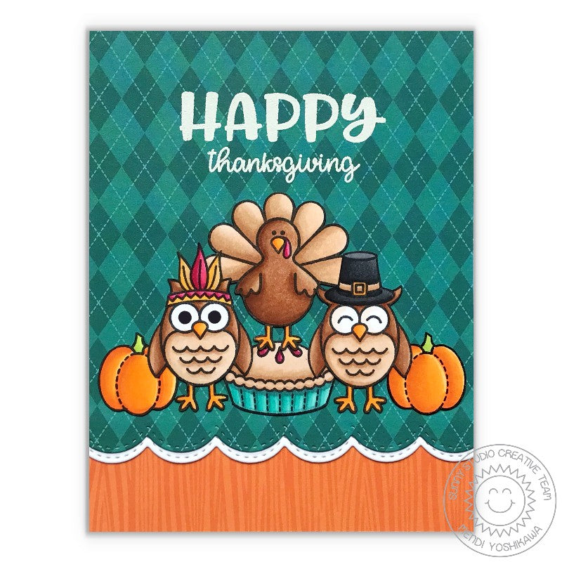 Sunny Studio Stamps Happy Thoughts Thanksgiving Turkey, Pilgrim & Indian Owl Card by Mendi Yoshikawa
