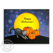 Sunny Studio Happy Halloween Kitty Cat with Pumpkins Bokeh Card (using Harvest Happiness 4x6 Clear Stamps)