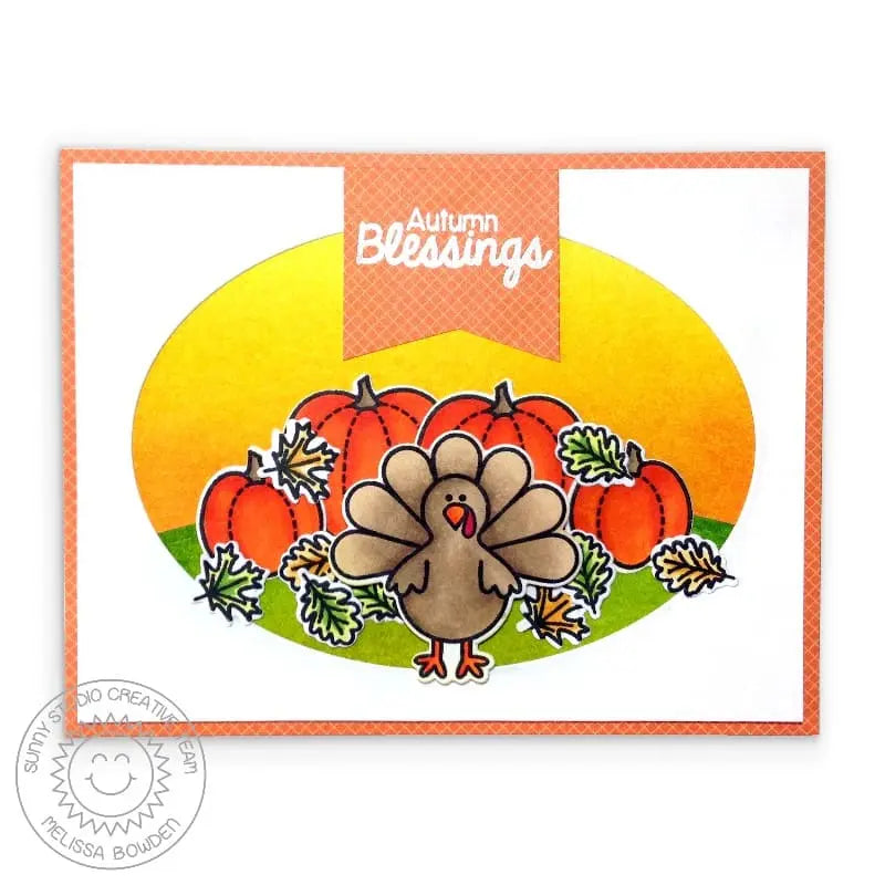 Sunny Studio Autumn Blessings Turkey with Fall Leaves & Pumpkins Oval Window Card (using Harvest Happiness 4x6 Clear Stamps)