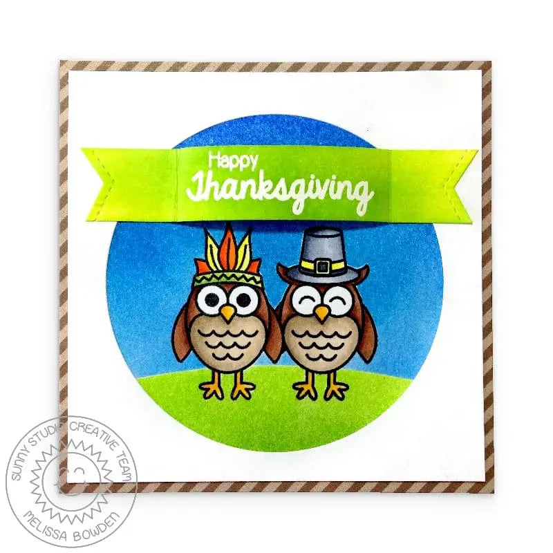 Sunny Studio Stamps Harvest Happiness Thanksgiving Pilgrim & Indian Owl Banner Card