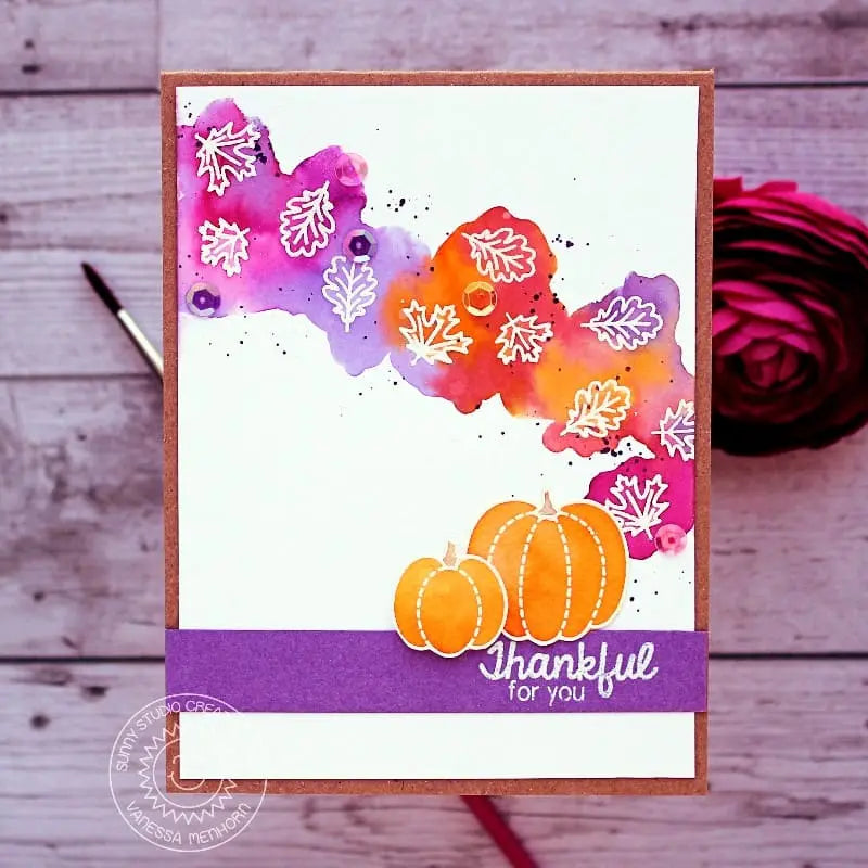 Sunny Studio Stamps Harvest Happiness Thankful for You Fall Leaves & Pumpkin Watercolor Card
