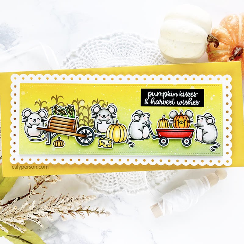 Sunny Studio Fall Mouse with Wheelbarrow, Wagon, Pumpkins & Corn Stalks Slimline Card using Harvest Mice 4x6 Clear Stamps