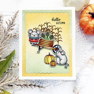 Sunny Studio Hello Autumn Fall Mouse with Wheelbarrow, Pumpkins & Corn Stalks Handmade Card using Harvest Mice Clear Stamps