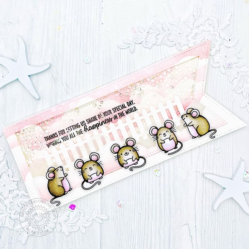 Sunny Studio Mouse Pink Slimline Pennant Shaker Graduation or Wedding Card (using Harvest Mice Clear Stamps)
