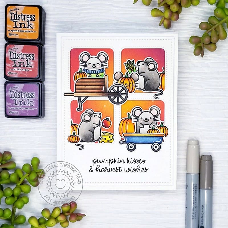 Sunny Studio Mouse with Wheelbarrow, Wagon & Pumpkins Handmade Autumn Fall Themed Card (using Harvest Mice 4x6 Clear Stamps)