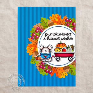 Sunny Studio Fall Mouse with Wagon and Blue Striped Leaf Background Handmade Card (using Harvest Mice 4x6 Clear Stamps)