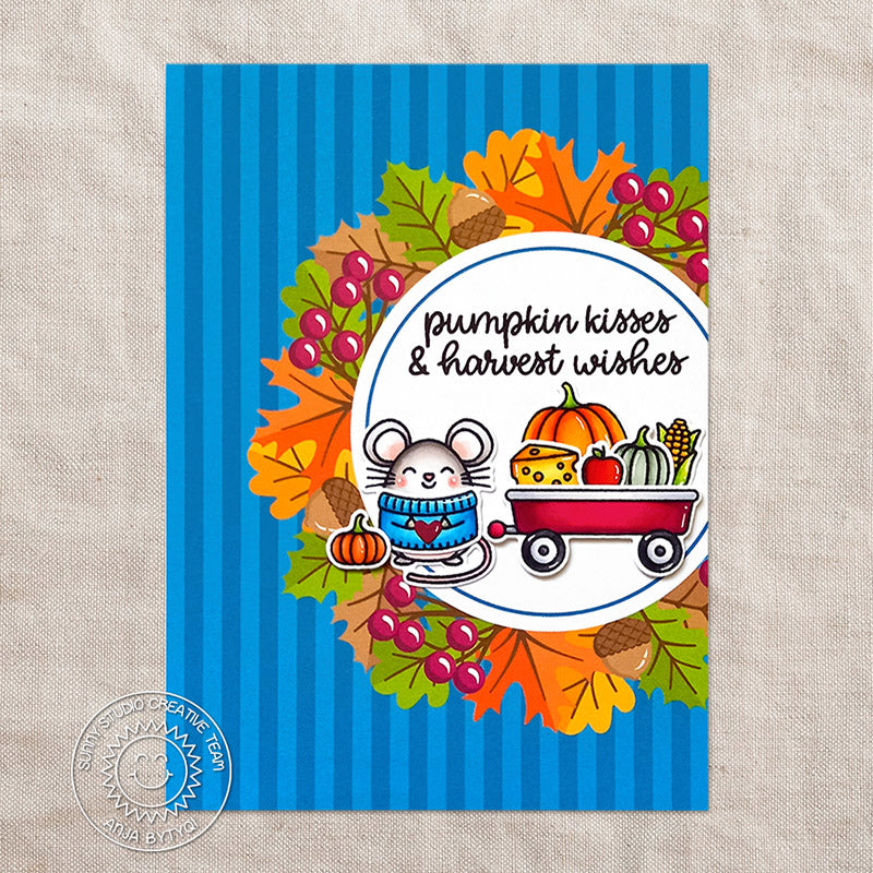Sunny Studio Stamps Mouse with Pumpkin in Wagon Handmade Card featuring Fall Leaves with Blue Striped Print (using Colorful Autumn 6x6 Patterned Paper Pad)