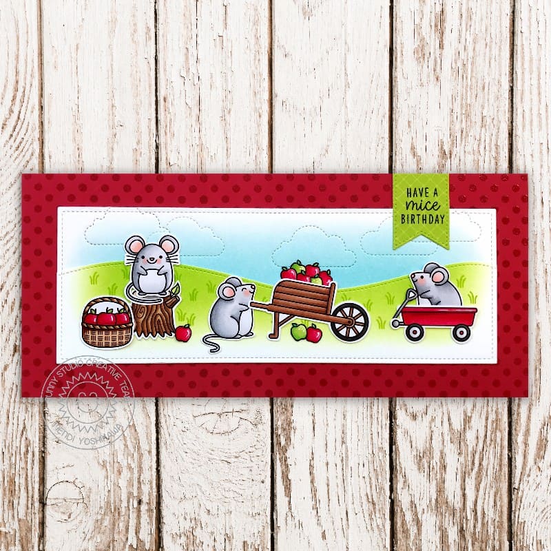 Sunny Studio Polka-dot Fall Mouse with a Wheelbarrow, Red Wagon & Apple Basket Slimline Card using Harvest Mice Clear Stamps