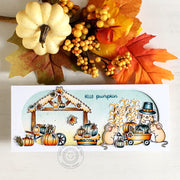 Sunny Studio Hello Pumpkin Pilgrim Mice with Pumpkins and Stable Handmade Slimline Card (using Holy Night 4x6 Clear Stamps)