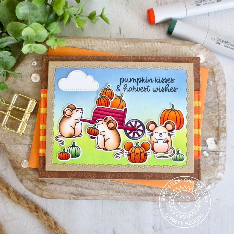 Sunny Studio Pumpkin Kisses & Harvest Wishes Mouse With Wheelbarrow Handmade Autumn Fall Card using Harvest Mice Clear Stamps
