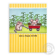 Sunny Studio Stamp Have A Mice Autumn Yellow Striped Mouse in Wagon with Corn Stalks Punny Card using Sleek Stripes 6x6 Paper