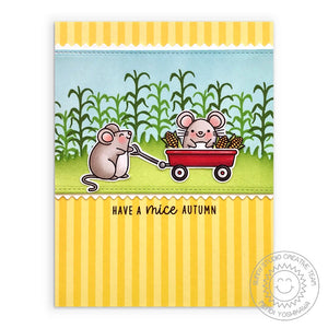 Sunny Studio Stamps Have A Mice Autumn Yellow Striped Punny Mouse in Wagon with Corn Stalks Handmade Card (using Sleek Stripes 6x6 Double Sided Patterned Paper Pack Pad)