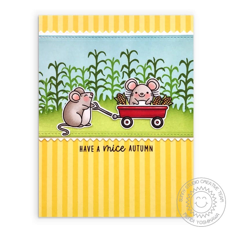 Sunny Studio Punny Fall Mouse in Red Wagon with Corn and Cornstalk Maze Handmade Card using Harvest Mice 4x6 Clear Stamps