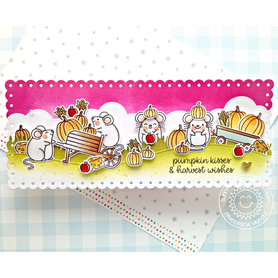 Sunny Studio Stamps Mice with Pumpkins, Wagon & Wheelbarrow Hot Pink Fall Card using Slimline Scalloped Frame Metal Cutting Dies