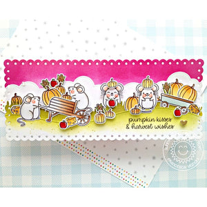 Sunny Studio Stamps Mouse with Wheelbarrow, Wagon & Pumpkins Handmade Fall Slimline Card using Harvest Mice Clear Stamps