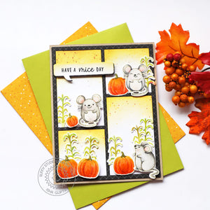 Sunny Studio Punny Mouse with Pumpkins & Cornstalks Handmade Autumn Fall Themed Card using Harvest Mice Clear Stamps