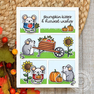 Sunny Studio Pumpkin Kisses & Harvest Wishes Mouse with Wheelbarrow & Sunflowers Autumn Card using Harvest Mice Clear Stamps