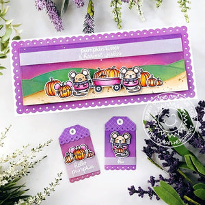 Sunny Studio Stamps Harvest Wishes Mice with Wagon & Pumpkins Fall Card using Slimline Scalloped Frame Metal Cutting Dies