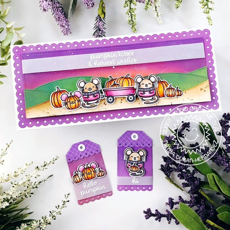 Sunny Studio Purple Mouse with Pumpkins & Wagon Fall slimline Handmade Card & Gift Tags using Harvest Mice Clear Stamps