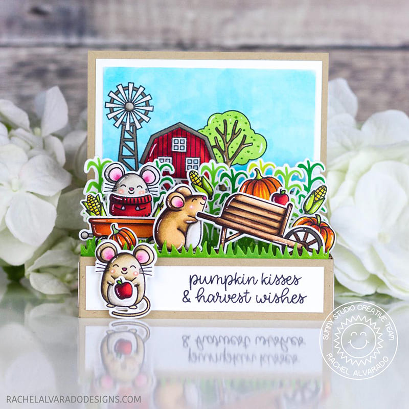Sunny Studio Harvest Wishes Mouse with Wheelbarrow, Wagon, Corn & Pumpkins Fall Pop-up Card using Harvest Mice Clear Stamps