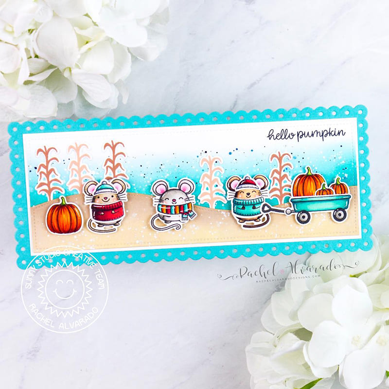 Sunny Studio Stamps Hello Pumpkin Mice with Wagon Fall Handmade Card using Slimline Scalloped Frame Metal Cutting Dies