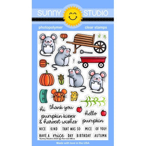 Sunny Studio Harvest Mice 4x6 Clear Photopolymer Stamps featuring fall mouse, autumn pumpkins, wheelbarrow, wagon & cornstalk