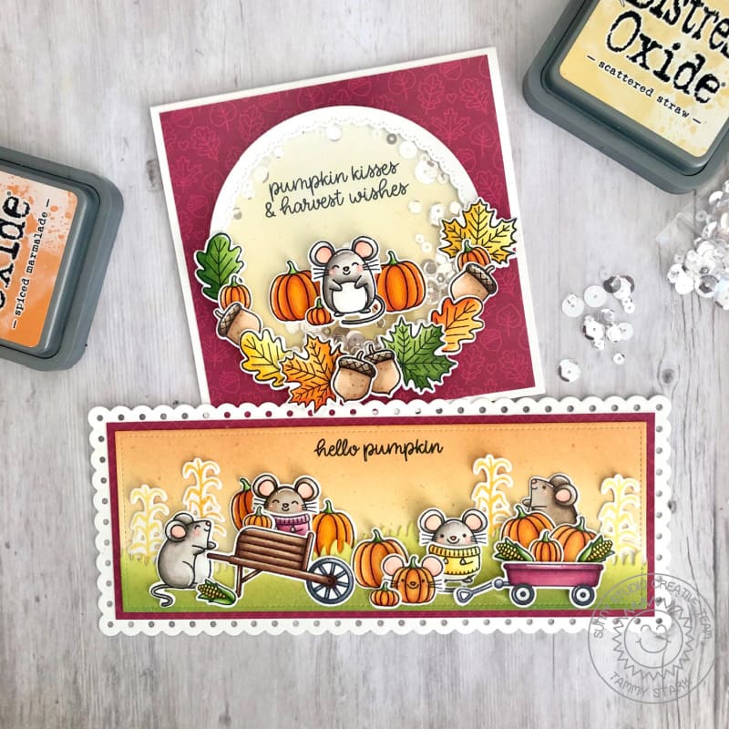 Sunny Studio Pumpkin Kisses Mouse with Wheelbarrow & Wagon Slimline Fall Cards (using Harvest Mice 4x6 Clear Stamps)