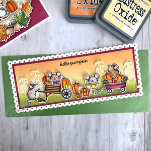 Sunny Studio Stamps Hello Pumpkin Mice with Wheelbarrow & Wagon Card (using Slimline Scalloped Frame Dies)