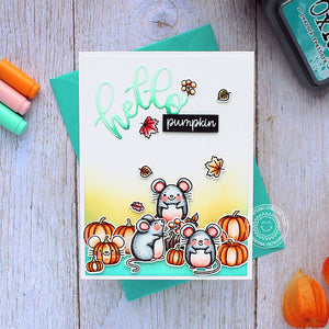Sunny Studio Mint Green Aqua Hello Pumpkin Fall Mouse Handmade Card (using Harvest Mice 4x6 Clear Stamps)