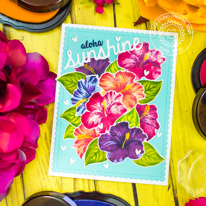 Sunny Studio Stamps Colorful Rainbow Colored Hawaiian Hibiscus Layered Flower Card by Mona Toth