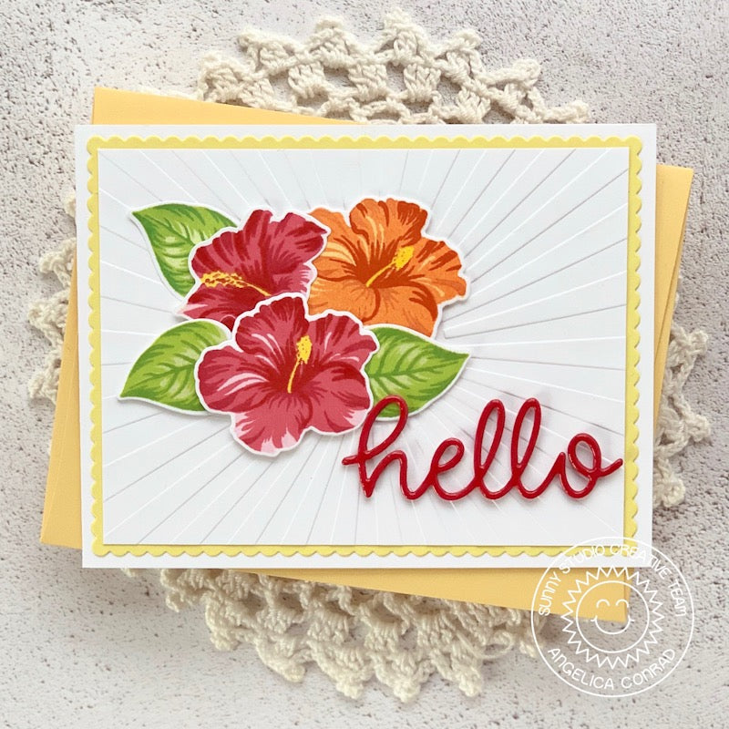 Sunny Studio Stamps Hawaiian Hibiscus Layered Flower Card (using Sunburst 6x6 Embossing Folder)