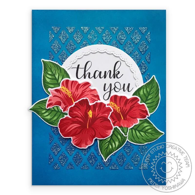 Sunny Studio Stamps Hawaiian Hibiscus Red & Blue Glittery Diamond Card by Mendi Yoshikawa