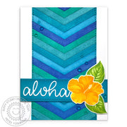 Sunny Studio Stamps Hawaiian Hibiscus Yellow & Aqua Chevron Aloha Card by Mendi Yoshikawa