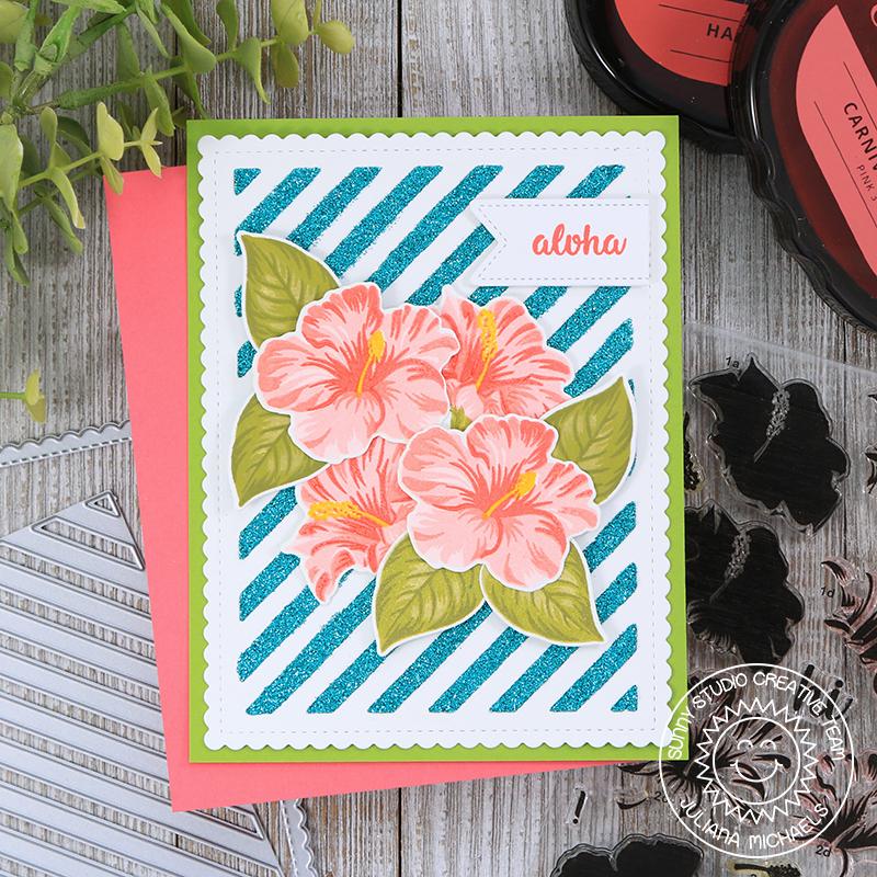 Sunny Studio Stamps Hawaiian Hibiscus Aloha Striped Glitter Paste Card (using Frilly Frames Stripes Metal Cutting Dies as a stencil)
