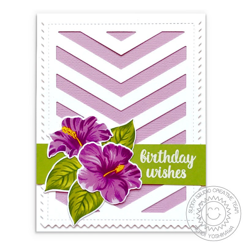 Sunny Studio Stamps Hawaiian Hibiscus Lilac Chevron Birthday Card by Mendi Yoshikawa