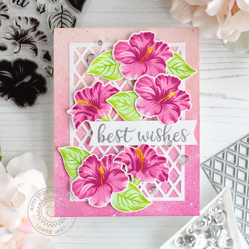 Sunny Studio Stamps Hawaiian Hibiscus Layered Flower Card by Leanne West (using Frilly Frames Lattice Dies)