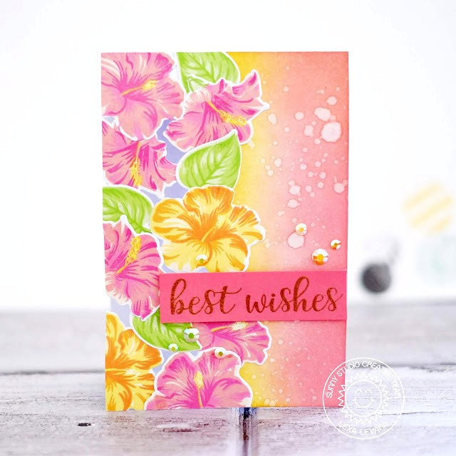 Sunny Studio Stamps Pink, Yellow & Orange Hawaiian Hibiscus Layered Flower Clear Acetate Card by Lexa Levana