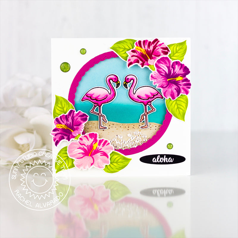 Sunny Studio Stamps Hawaiian Hibiscus Hot Pink Layered Flowers with Flamingos "aloha" Card by Rachel