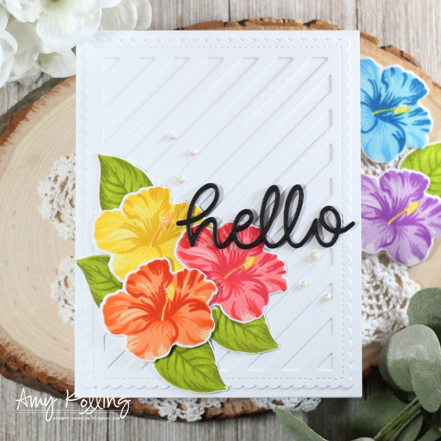 Sunny Studio Stamps Hawaiian Hibiscus Striped Hello Card (using Frilly Frames Stripes Scalloped Background Metal Cutting Die)
